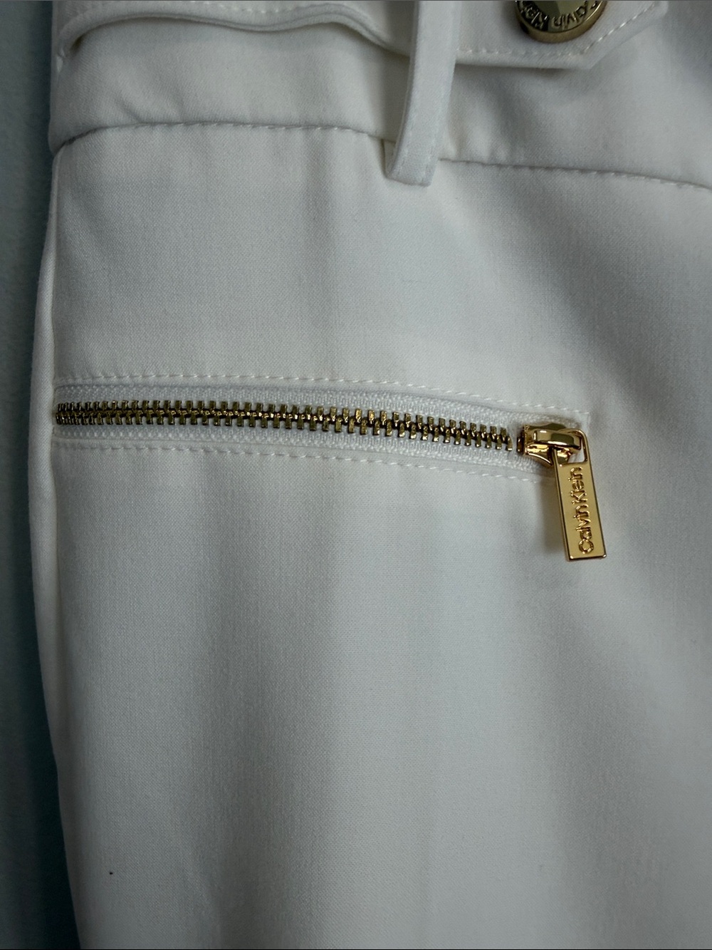 Calvin Klein White Ponte Pull-On Pants with Gold Zipper Accents - Picture 3 of 11
